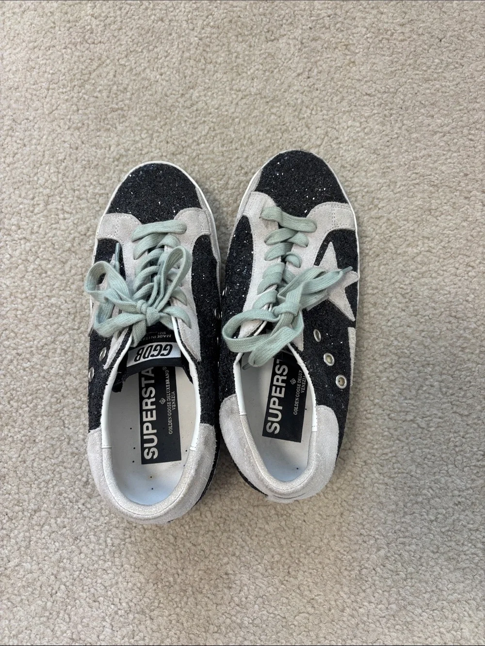 Golden Goose Black Glitter & White Suede Sneakers with Mint Laces